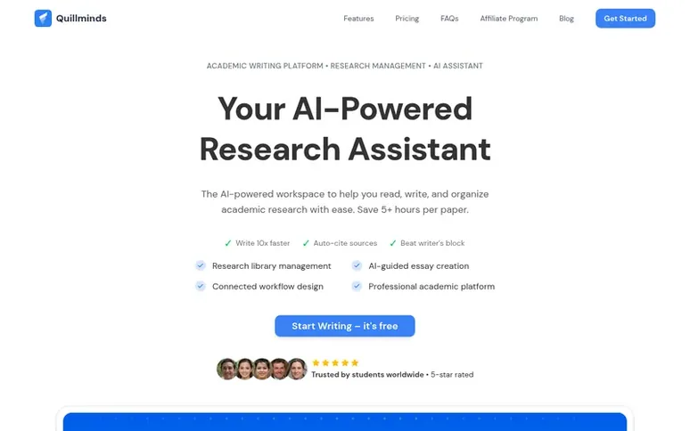 Screenshot of the QuillMinds homepage