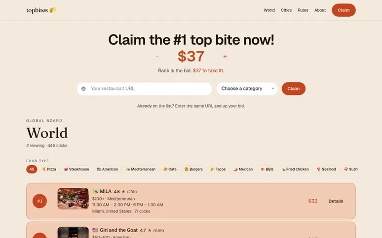 Screenshot of the topbites homepage